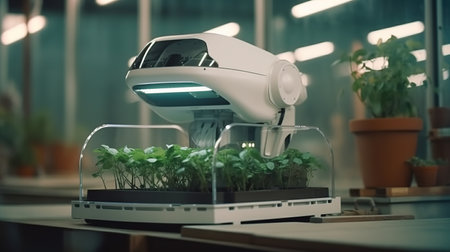 Smart droid farmer. Agriculture technology, Farm automation. Generative AIの素材
