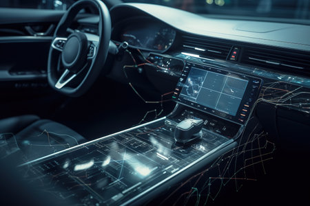 Close-up of automotive communication components, such as sensors, antennas, onboard computers, emphasizing the importance of these items in enhancing vehicle connectivity and safety. Generative AIの素材