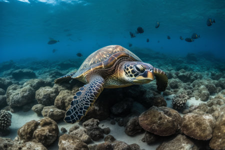 A sea turtle peacefully floating in inky turquoise waters, surrounded by schools of tropical fish and sea lions lazily sunbathing on channel markers. Generative AIの素材