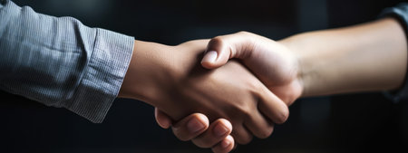 Close up of male and female hands, shaking hands after effective negotiation. Business banner concept. Generative AIの素材