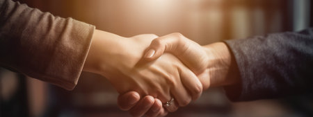 Close up of male and female hands, shaking hands after effective negotiation. Business banner concept. Generative AIの素材