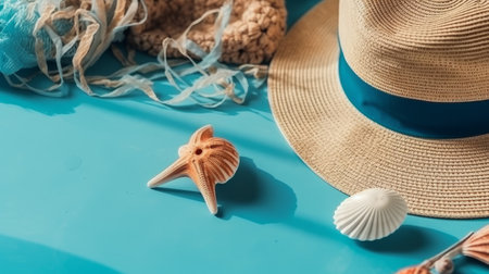 Beach accessories on blue wooden table. Concept summer vacation. Web Banner Generative AIの素材