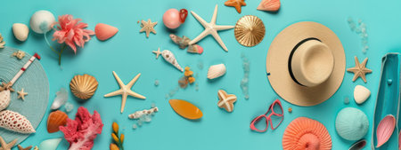 Beach accessories on blue wooden table. Concept summer vacation. Web Banner Generative AIの素材