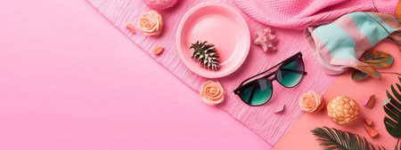 Beach accessories on pink wooden table. Concept summer vacation. Web Banner Generative AIの素材