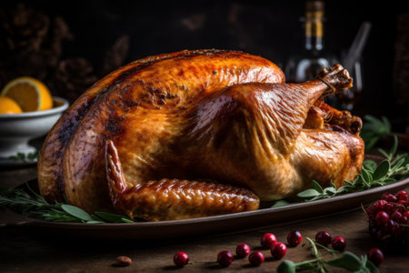 A close-up image of a perfectly roasted Thanksgiving turkey, golden brown and glistening with juices. Side dishes like mashed potatoes, stuffing, and cranberry sauce. Generative AIの素材