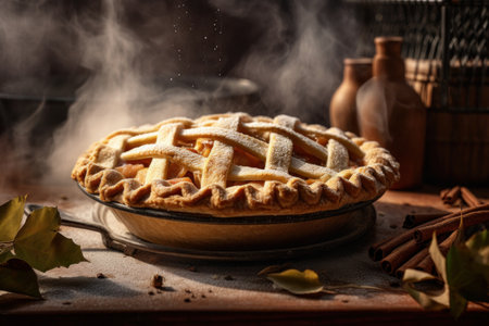 Freshly baked Thanksgiving pie, with a latex crust and steam rising from the filling. The scene set in a cozy kitchen, with fall foliage and other seasonal elements. Generative AIの素材