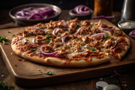 A thin crust pizza topped with tender pulled pork, red onions, and mozzarella cheese. The pizza is baked to perfection and served on a wooden board. Generative AI.の素材