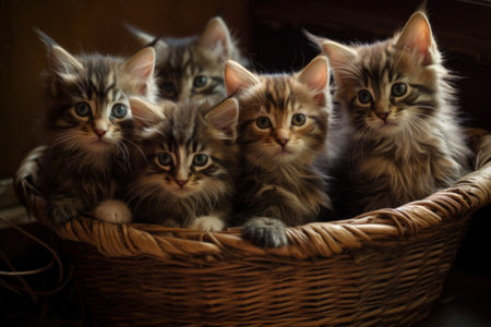 A basket of kittens peeking over the rim, bright eyes cuteness. Generative AI.の素材