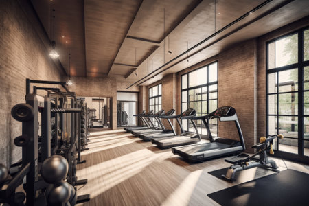 Fitness center: Show a fitness center with state-of-the-art equipment, a yoga studio, and a personal trainer on hand to provide guidance and support.. Generative AIの素材