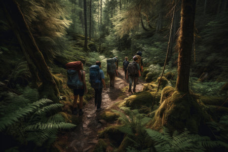 A group of young people hiking through a majestic scenic forest trail, with backpacks, camping gear and water bottles. Concept of adventure and exploration. Generative AIの素材