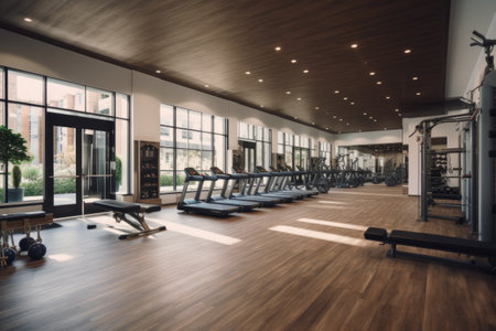 Fitness center. Show a fitness center with state-of-the-art equipment, a yoga studio, and a personal trainer on hand to provide guidance and support. Generative AIの素材