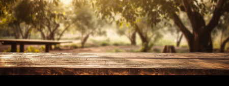 Empty wooden table. Background with blurry trees. Concept advertising banner. Generative AIの素材