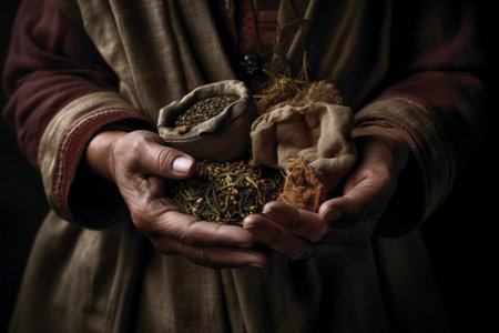 A close-up portrait of an Ayurvedic practitioner holding dried herbs, botanicals and spices. Ultra detailed textures to highlight exotic ingredients used in Ayurvedic medicine. Generative AIの素材
