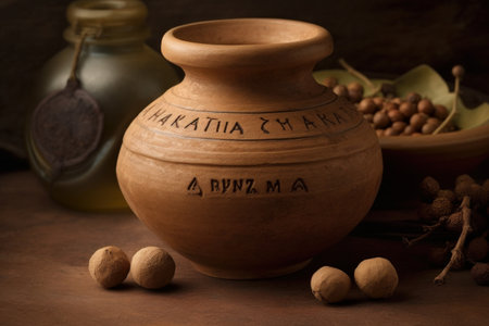 An earthen jar labeled 'amla churna', a traditional Ayurvedic antioxidant and rejuvenator. Capture one of the ancient ingredients at the heart of Ayurvedic herbal medicine. Generative AIの素材