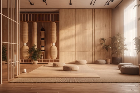 Bamboo walls with woven mat accents, rattan furniture and ceramic pots. A minimalist space ideal for yoga, meditation, reflection and practicing Ayurvedic principles. Generative AIの素材