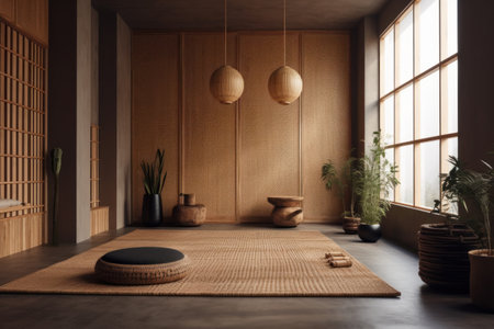 Bamboo walls with woven mat accents, rattan furniture and ceramic pots. A minimalist space ideal for yoga, meditation, reflection and practicing Ayurvedic principles. Generative AIの素材