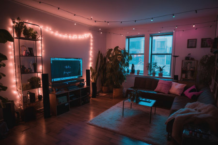 Gen Z living room featuring makeshift social media filming studio, neon LED rope lights, ambient geometric lamps and throw pillows, gaming PC. Generative AIの素材