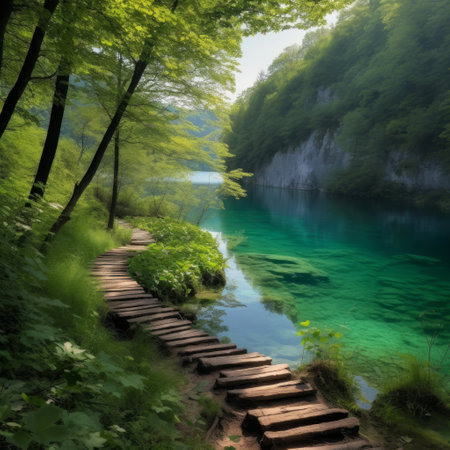 Majestic view of lakes walking on wooden walkway across Plitvice national park Lakes Croatia. Generative AIの素材