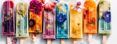 Healthy Frozen popsicles and colorful flowers on white background. Concept web banners. Generative Aiの素材