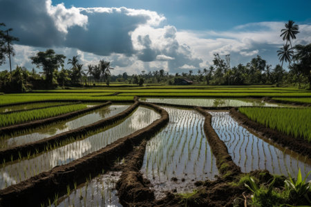 Rice paddies extending to the horizon under a brilliant blue sky. Local farmers in traditional attract transplanting seedlings under the hot sun. Generative AIの素材