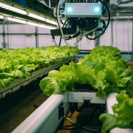 Smart farming agricultural technology Robotic arm harvesting hydroponic lettuce in a greenhouse. Generative AIの素材