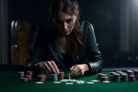 Woman playing poker on green table with chips all around, front view. Generative Aiの素材