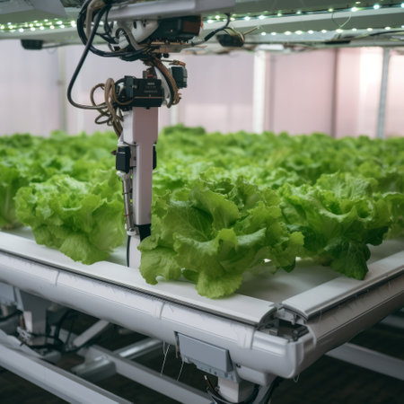 Smart farming agricultural technology Robotic arm harvesting hydroponic lettuce in a greenhouse. Generative AIの素材