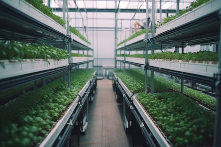 Technology automation of agriculture. System control robot during quality control and harvesting hydroponic vegetables in a greenhouse. Generative AIの素材