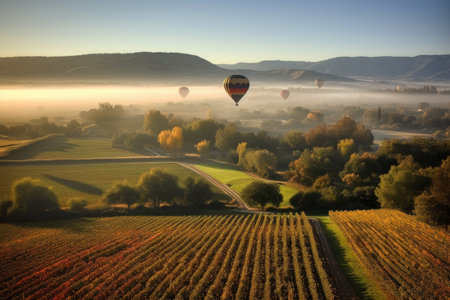 Hot air balloon ride over beautiful Tuscany, Italy. Generative AIの素材