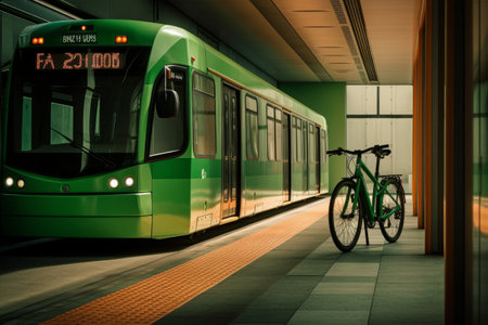 A green transportation, such as a bike and public transit system, with a sense of innovation and sustainability. Concept progress and responsibility. Generative AIの素材