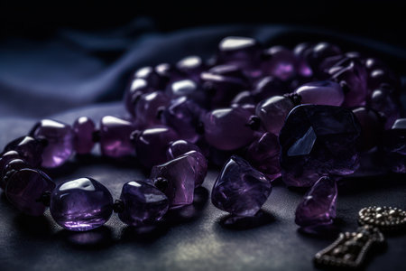 A close-up of amethyst gemstones, necklace or bracelet, with a focus on the unique and deep purple color. Concept luxury and elegance. Generative AIの素材