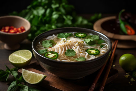 A bowl of pho, Vietnam's famous rice noodle soup, garnished with cilantro, lime, bean sprouts and chili peppers. Capture the comfort and vitality of Vietnamese street food. Generative AIの素材