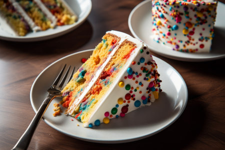 Colorful rainbow cake, with a slice taken out of it, resting on a white plate. The cake's intricate layers and vibrant hues create a feast for the eyes. Concept simple pleasures in life. Generative AIの素材