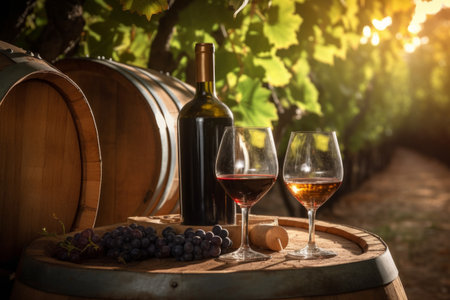 Wine bottle and glass of wine in vineyard at sunset. Grapes and barrel complete the scene. Generative AI.の素材