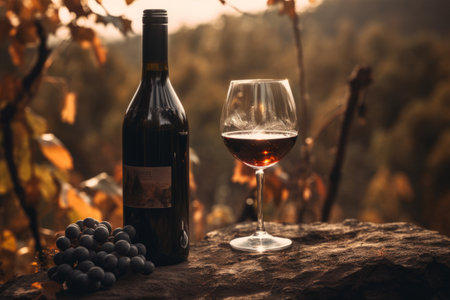 Wine bottle and glass of wine in vineyard at sunset. Grapes complete the scene. Generative AI.の素材