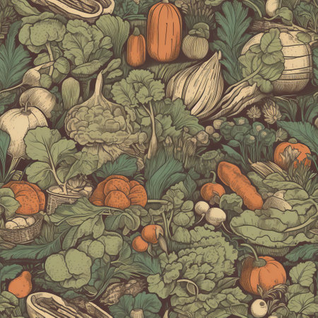 A creative, artistic interpretation of a vegetable harvest, featuring illustrations of various vegetables, tools, and harvesting scenes, set against a visually pleasing, backdrop. Generative AI.の素材