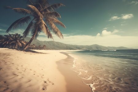 Sand beach scene with palm tree and crystal clear water at sunset. Generative AIの素材