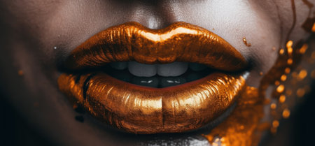 Close up of copper paint on the lips of a beautiful vampire woman. Generative AI.の素材