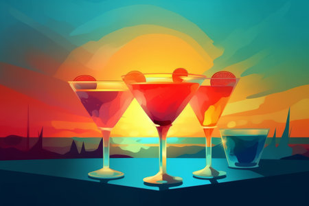 Vector Illustration of colorful cocktails at sunset. Generative AIの素材