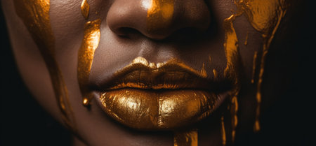 Close up of copper paint on the lips of a beautiful vampire woman. Generative AI.の素材