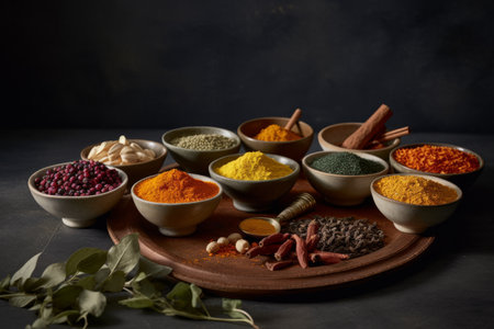 A lineup of Ayurvedic superfoods like turmeric, ashwagandha, brahmi and amalaki. Styled as colorful remedies to support health and longevity. Generative AIの素材