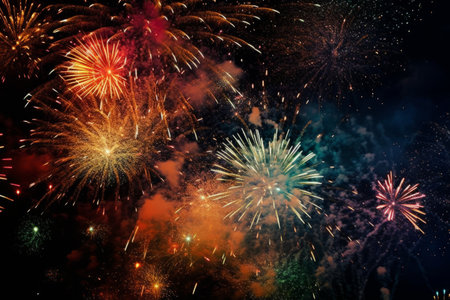 Firecrackers bursting in midair against a night sky filled with stars. Convey the exhilaration and spectacle of fireworks that ring in the new year. Generative Aiの素材