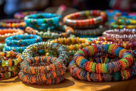 Beaded plastic necklaces, bangles or bracelets in rainbow colors. Focus on the whimsical, budget-friendly handicrafts that are popular souvenirs for tourists. Generative Aiの素材