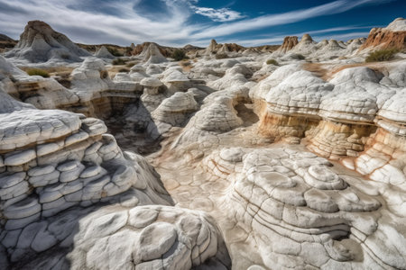 A captivating shot of the White Pocket rock formation in the National Park, with its stunning white sandstone and intricate patterns. Generative AI.の素材