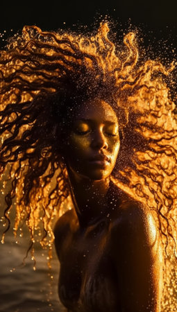 A girl splashing water on her body and face in water at sunset during summer vacation. Healthy happiness lifestyle. Generative AIの素材