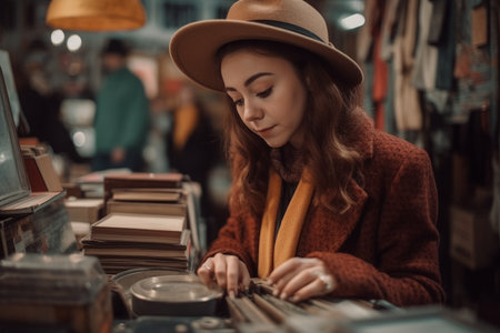 Photo pour A young woman browsing through a retro and vintage store, trying on unique and one-of-a-kind items, with a sense of nostalgia and individuality. Concept of vintage and retro fashion. Generative AI - image libre de droit