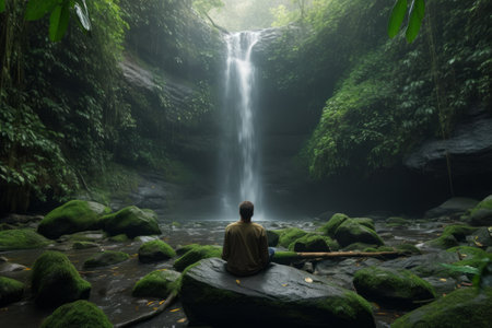 A person meditating in a natural setting, such as a forest with waterfall forest, with the sounds of nature in the background. Concept of harmony and connection with nature. Generative AIの素材