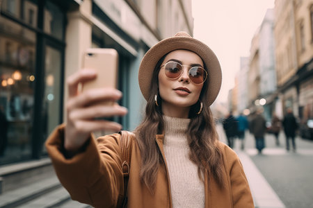 A young woman taking a selfie in front of a fashion boutique, with a large following on social media, and sharing her fashion tips and advice with her fans. Concept of fashion influence and digital media. Generative AIの素材