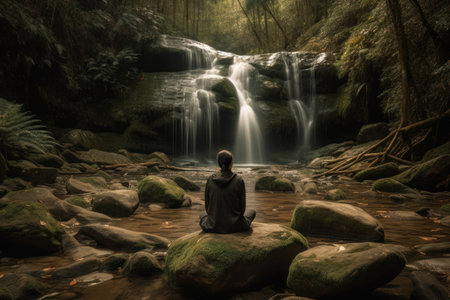 A person meditating in a natural setting, such as a forest with waterfall forest, with the sounds of nature in the background. Concept of harmony and connection with nature. Generative AIの素材