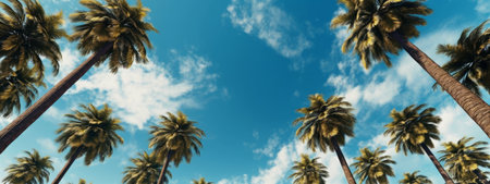 Palm trees against blue sky banner. Generative AIの素材